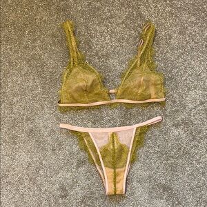 NWOT Victoria's Secret Olive Green Pink Lattice Lace Bralette & 2 Panties